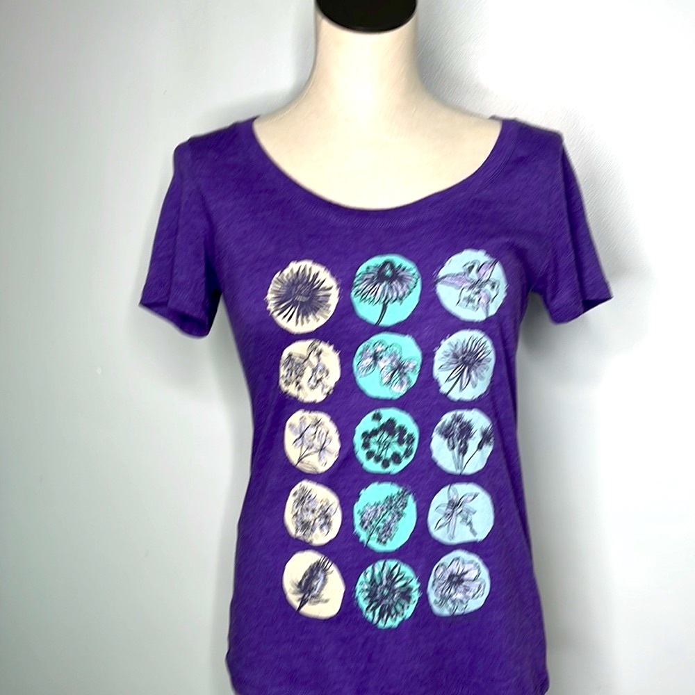Woolrich Women’s  Purple Botanical Flowers Short Sleeve T Shirt Size Medium